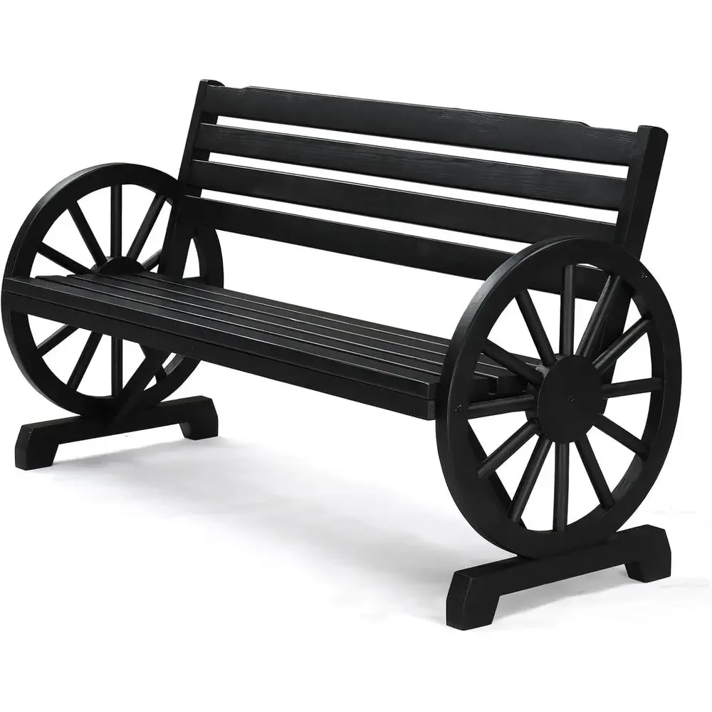 55 Rustic Wooden Wheel 2-Person Outdoor Patio Bench with Slatted Seat, Garden Bench, Weather Resistant, Supports 350lbs