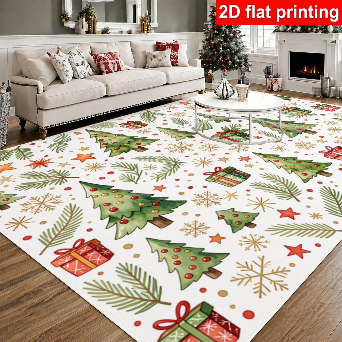 1pc Large Themed Area Rug with Trees,Gift Boxes,Snowflakes, Pine Branches and Stars,Festive Home Decor for Living Room & Bedroom