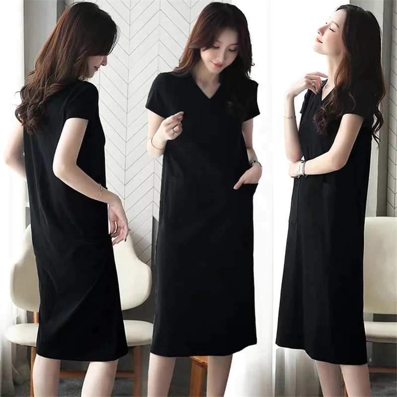 plus Size V-Neck Long Dress Summer New Style Korean Loose Slimming Short Sleeve Pocket Dress for Women Casual Straight Tube D...