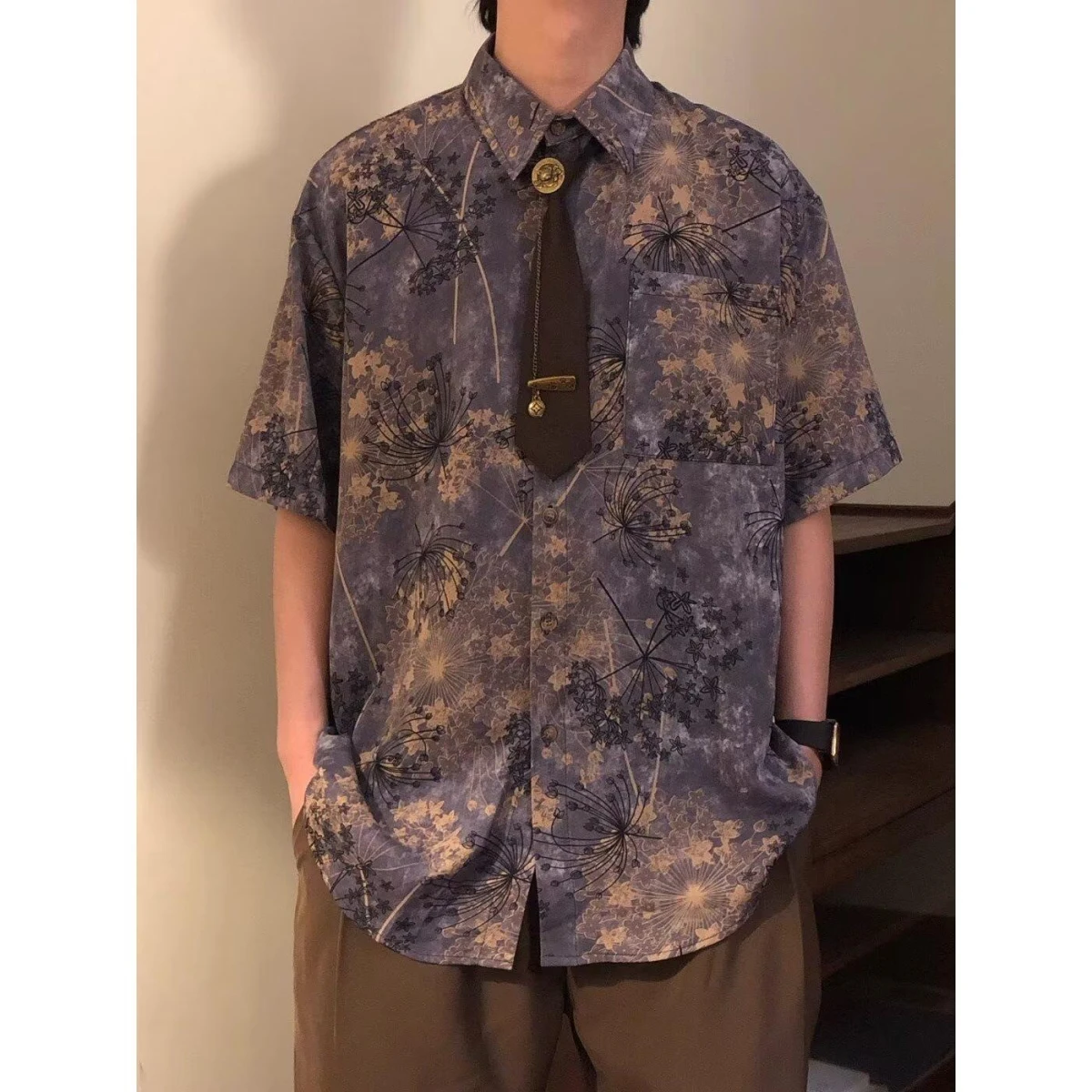 

New Chinese Sle Danon Print ort Sve irt Men's Summer American Retro Loose Purple irt Polyester Fiber Casual Wear