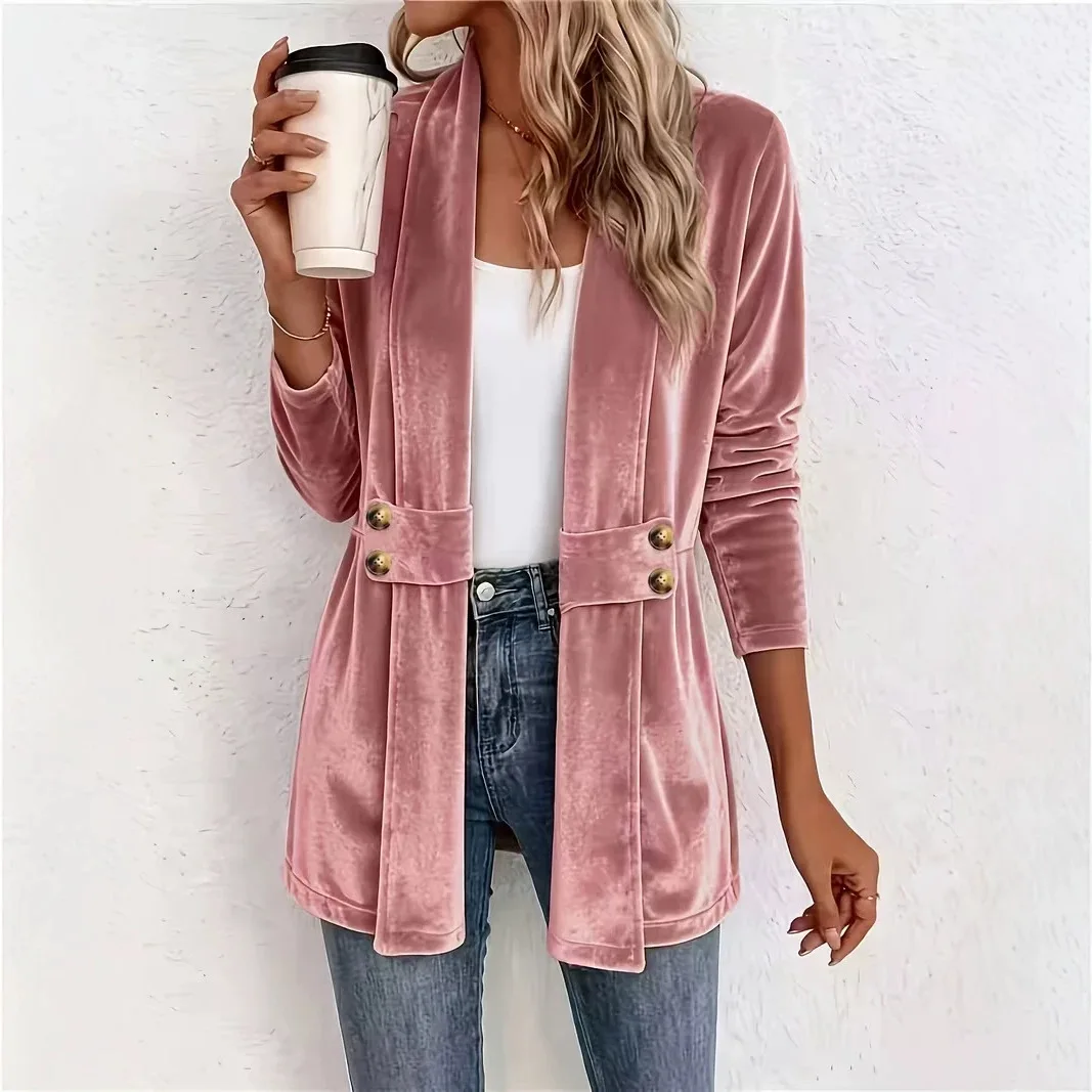 2026 Women's Double-breasted Decorative Golden Velvet Cardigan Lazy Style Versatile Medium and Long Top