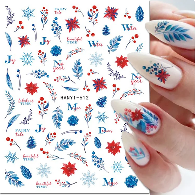 

Nail Art 3d Decals Xmas Blue Red Fruits Leafs Winter Snowflake Back Glue Nail Stickers Decoration For Nail Tips Beauty