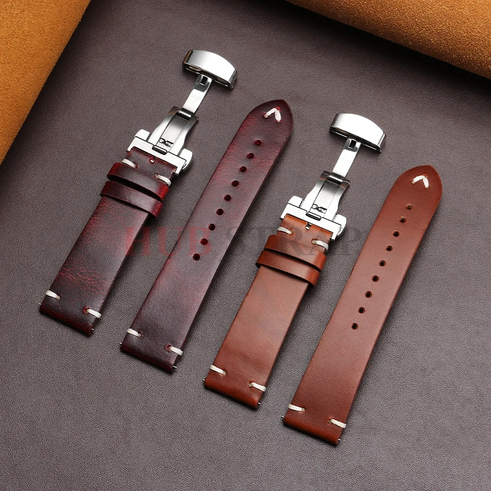 18mm 20mm 22mm Armband für Seiko Vintage Öl-Wachs-Leder Uhrenarmband Herren Damen Schmetterlingsverschluss Genähtes Rindslederband für Omega – Detail 12