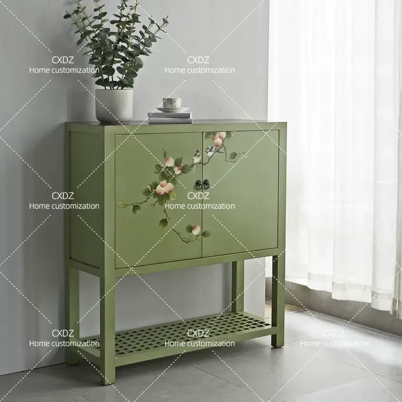 New Chinese Style Solid Wood Painted Hand Painted Door Multi Layer Storage Cabinet Entrance Decorative Side Cabinet Locker
