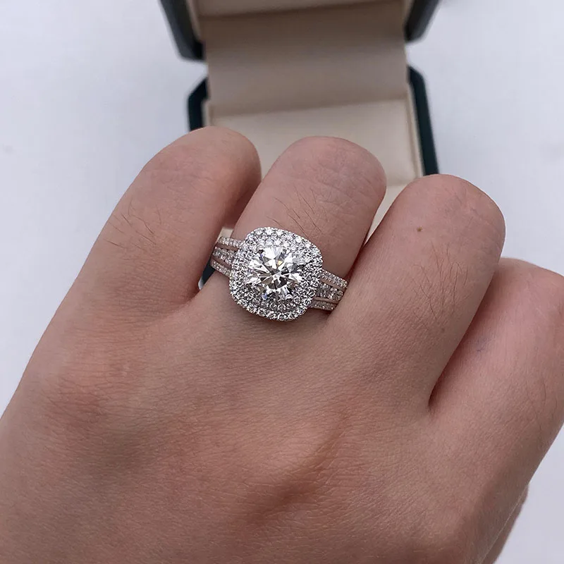 AEAW Jewelry Double Halo Real 14K Gold Ring 1.5Ct EF VS Round Cut CVD HPHT Lab Grown Diamond Engagement Ring With IGI
