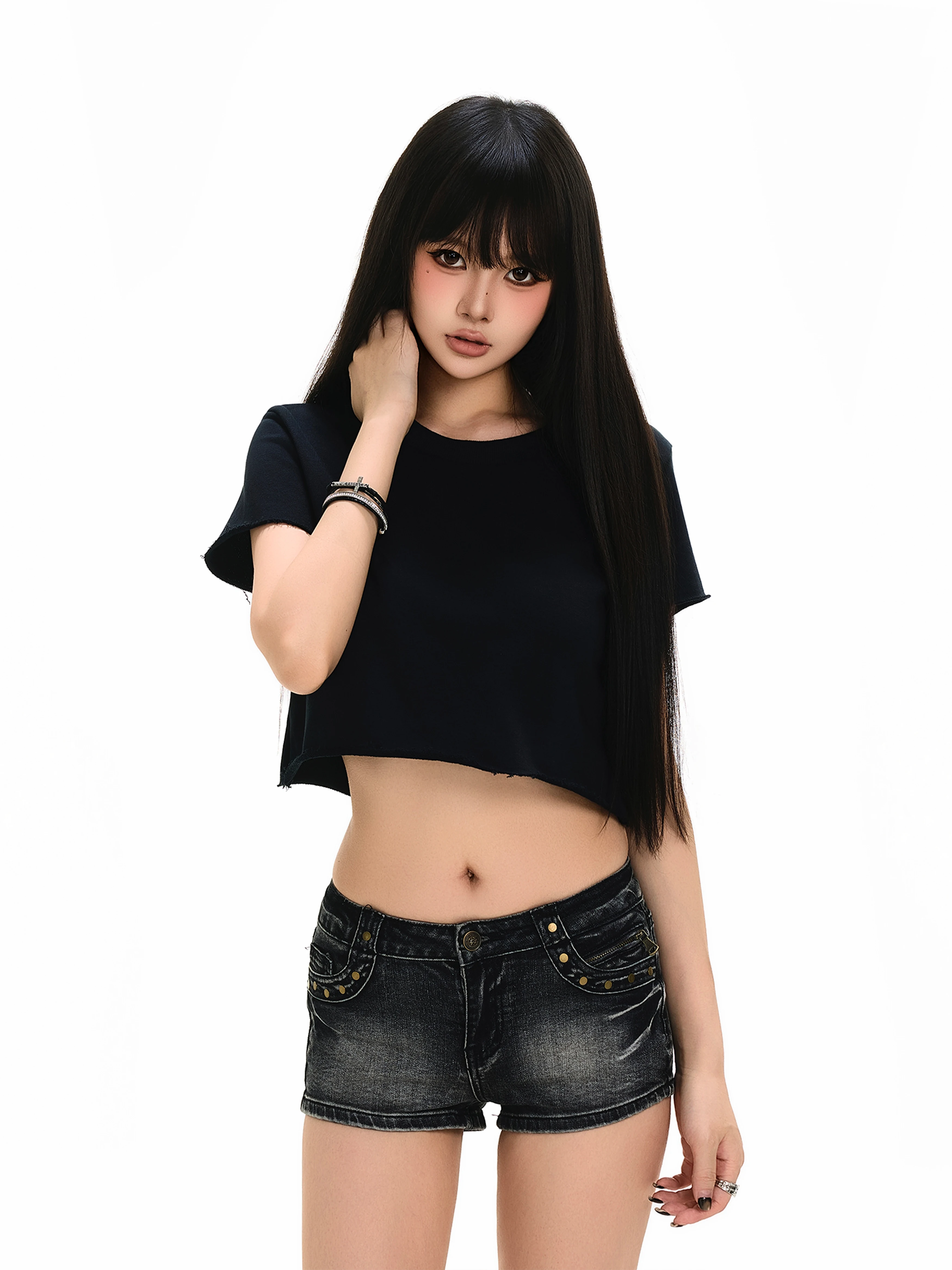 Retro American Short Sleeve T-Shirt Summer Hot Girl Casual Belly Show Fashionable Pure Color Cotton round Neck Loose Fit