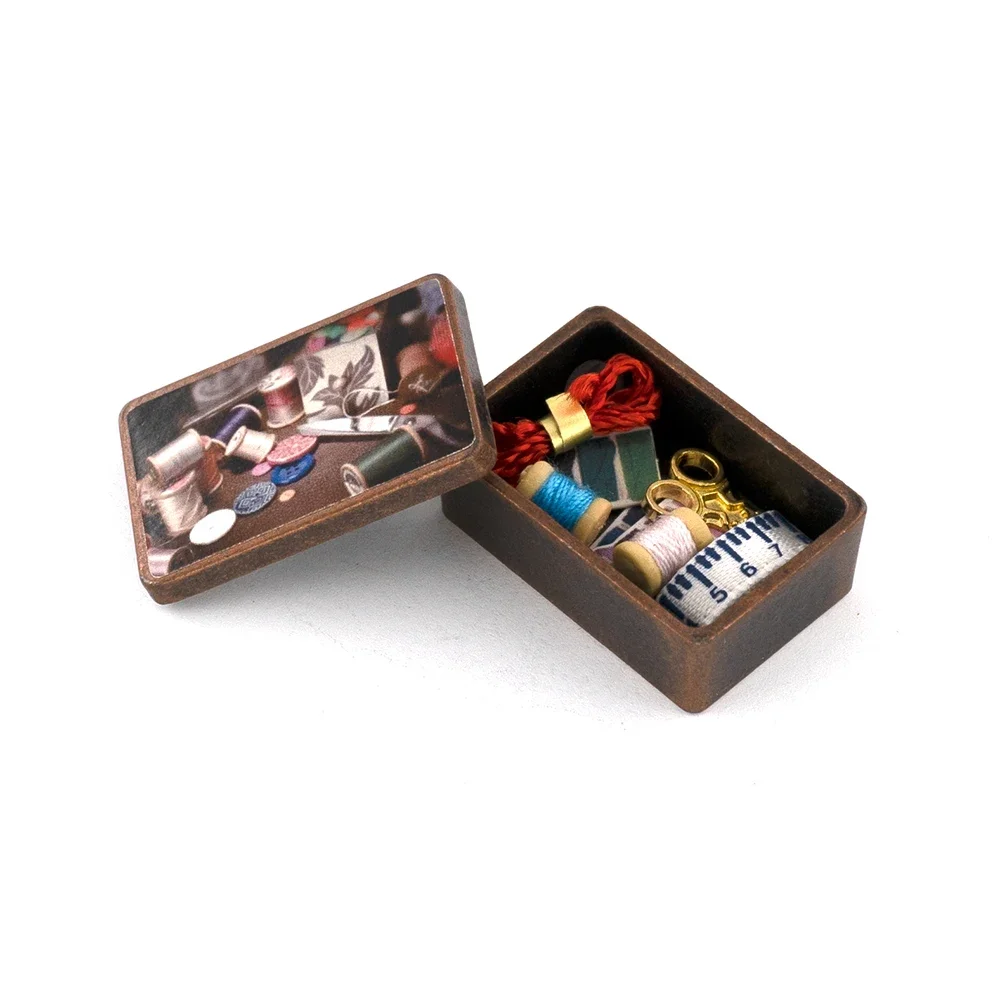 1/12 Dollhouse Accessories Mini Sewing Box  Thread Scissors Ruler Miniatures Model for Doll House Decoration ob11