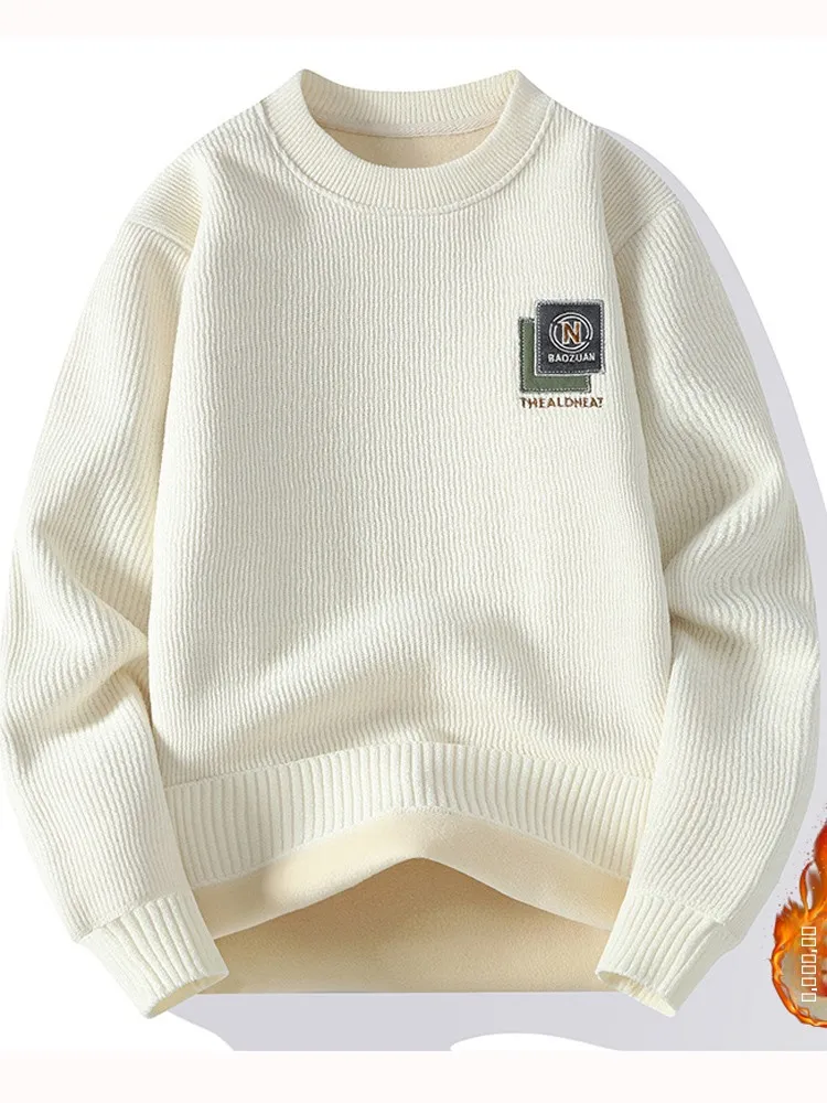 

Зимний утепленный мужской вязаный свитер с круглым вырезом, теплый базовый слой, молодежный модный свитер с вышивкой