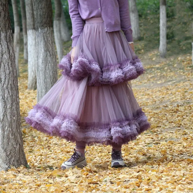 

2025 Autumn New Chiffon Skirt Slimming Contrasting Color Spliced Cake Skirt Long Skirt