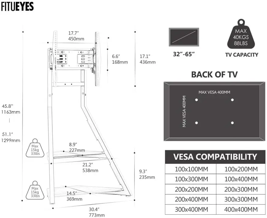 32-65인치 TV용 코너 TV 스탠드, 높이와 회전 조절이 가능한 롤링 카트, 작은 공간을 위한 모던 디자인
