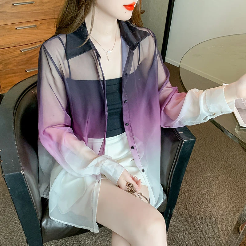 Spring Autumn New Polo-neck Gradient Loose Casual Blouse Women Long Sleeve Elegant Sunscreen Shirt Ladies Fashion All-match Top
