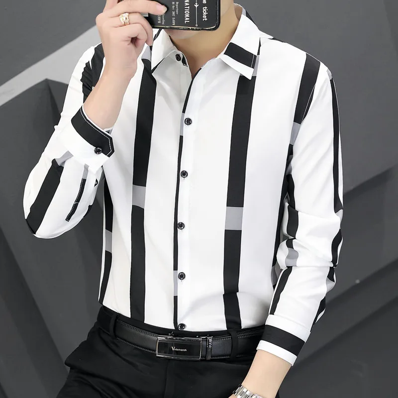 

Casual Busin Long Sve irt Men's Slim Fit Striped irt Trendy Faionable Versatile Autumn Spring High-End Feeling