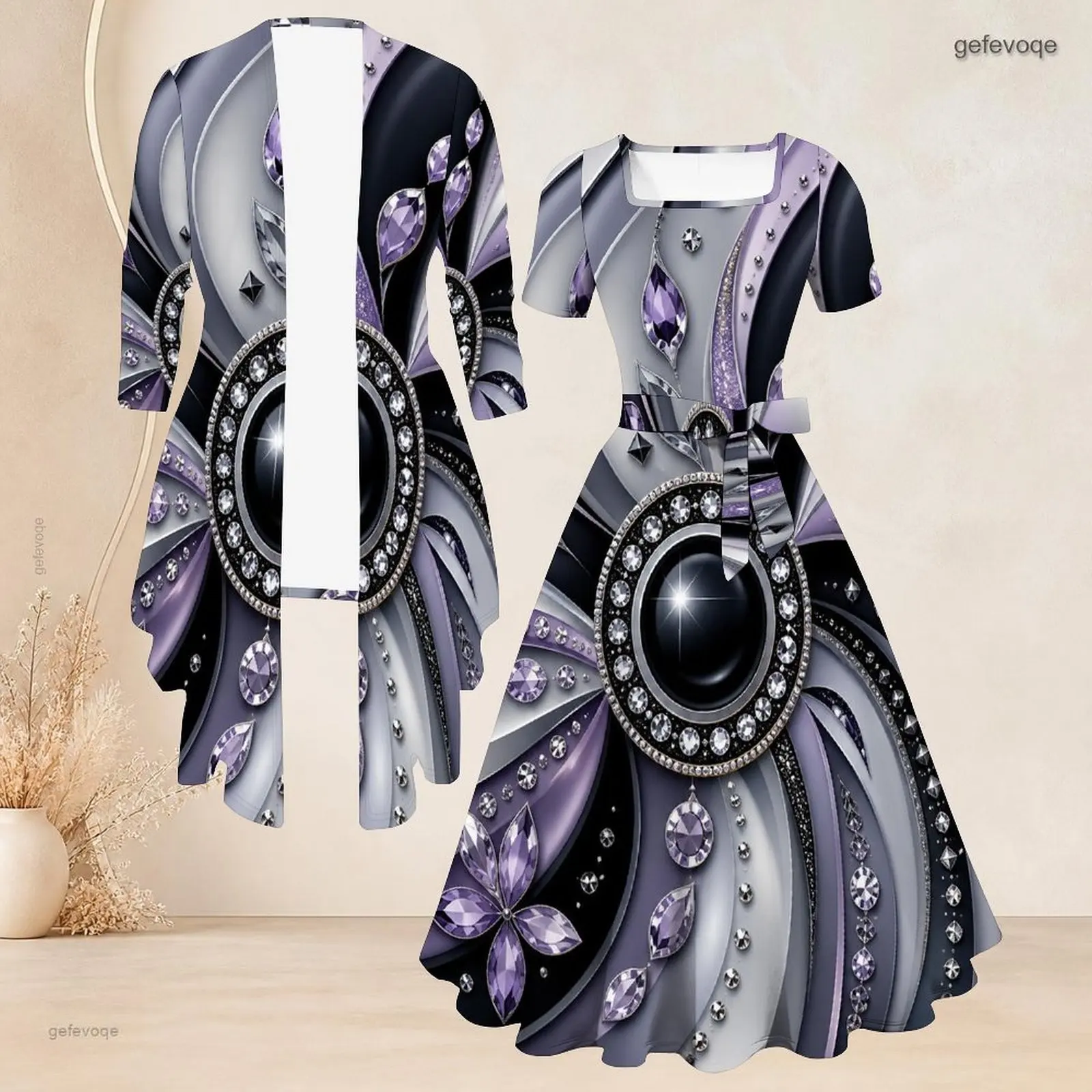 Women Printed Dress Set Long Sleeve Cardigan Short Sleeve Tie Waist Flared Dress Two Piece