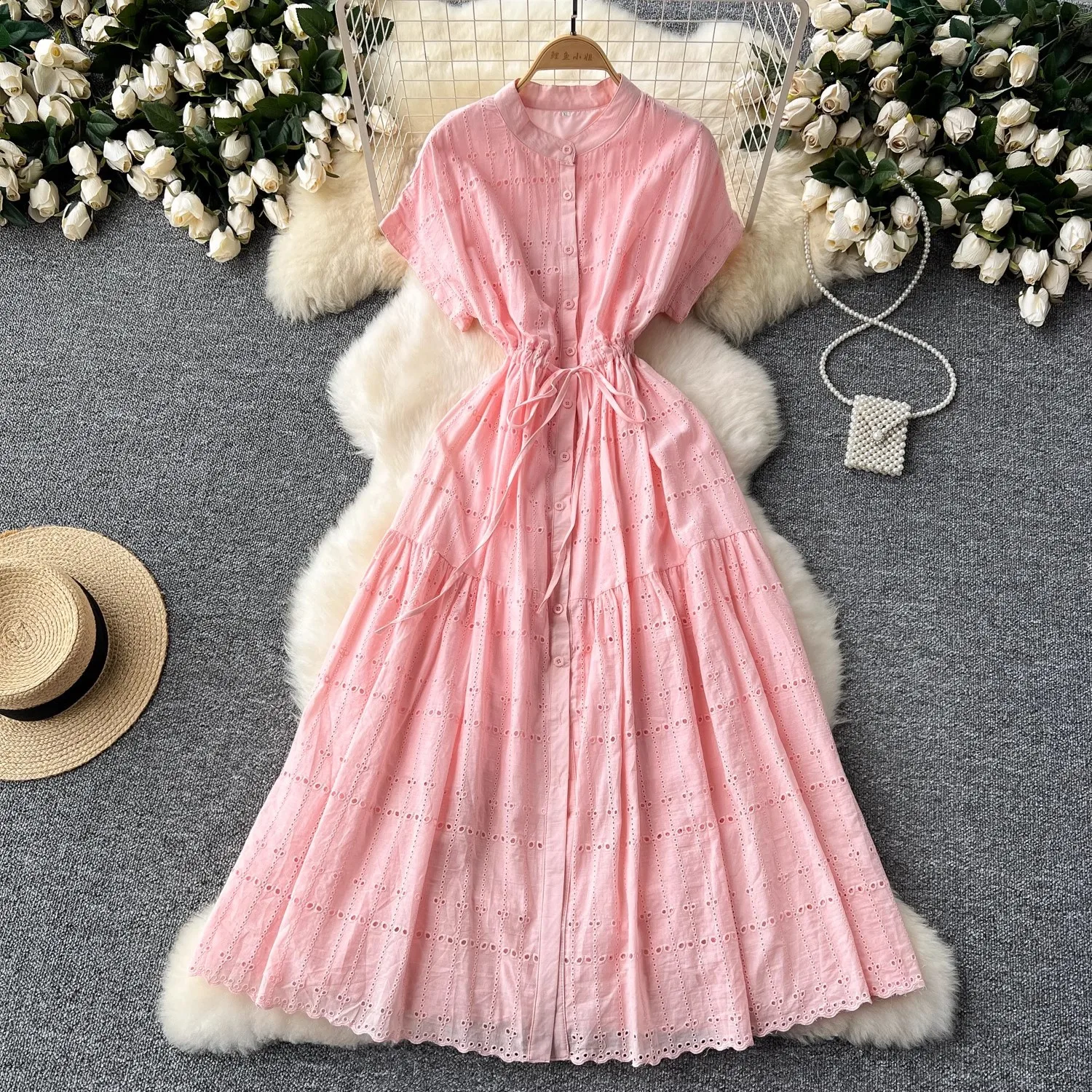 

Holiday Style Bohemian Dress Drawstring Waist O-Neck Short Sleeves Single-breasted Hollow Embroidery Dresses Casual Beach Dress