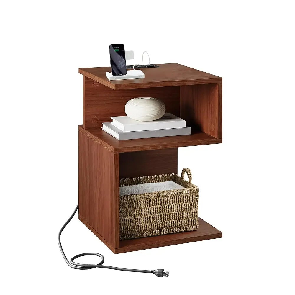 Mesa auxiliar minimalista Tokyo S Flip de 3 niveles con estación de carga rápida - Mesita de noche de madera con cable USB C para espacios pequeños con apertura
