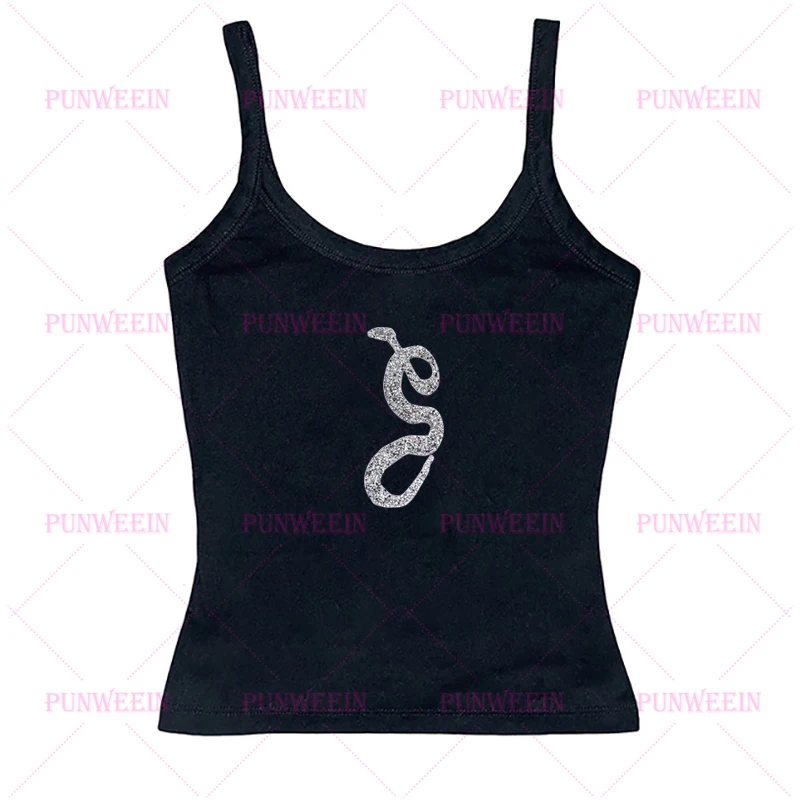 Gothic Punk Emo Girls Personality T-Shirt Sexy Slim Flash drill snake Print Y2K Crop Tops Y2K Harajuku Aesthetic Streetwear Tee