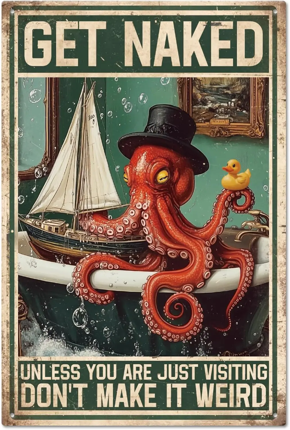 GLOBLELAND Funny Red Octopus Metal Tin Sign 12x8 in White Sailboat Bathtub Tin Signage Decor Metal Sign for Washbasins Balc sign