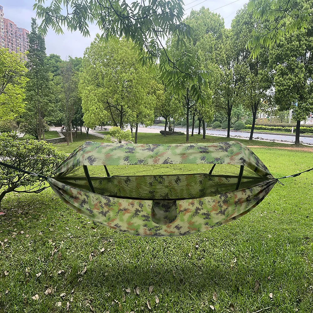 Double Camping Hammock with Mosquito Net Anti Rollover Automatic Quick Open Swing Hammock Sun Shade Canopy