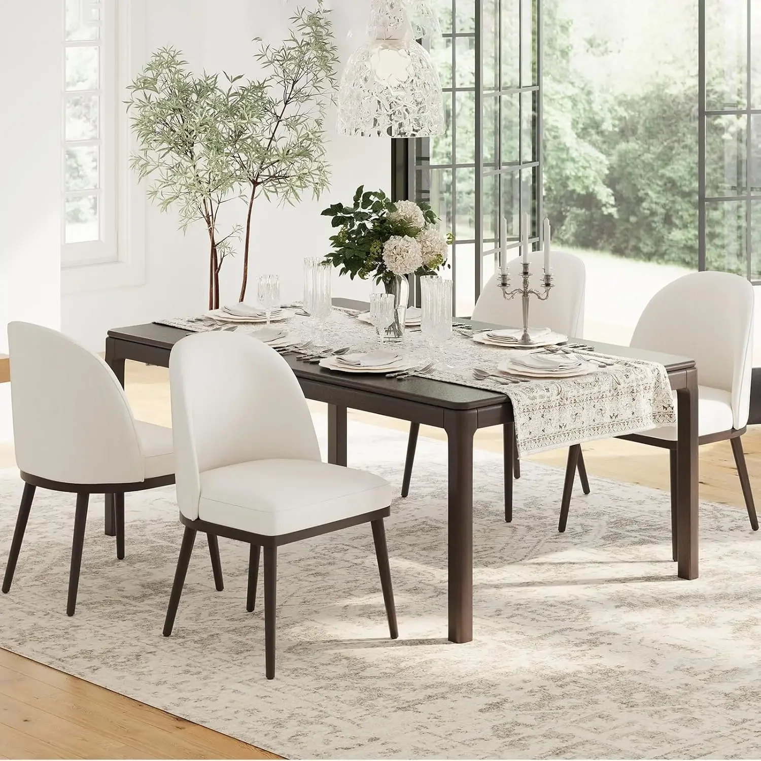 Dining Chairs Set of 4, Wooden Dining Room Kitchen Chairs w/ Wood Frame & Curved Backrest, Modern Fabric Dinner Chairs, Beige