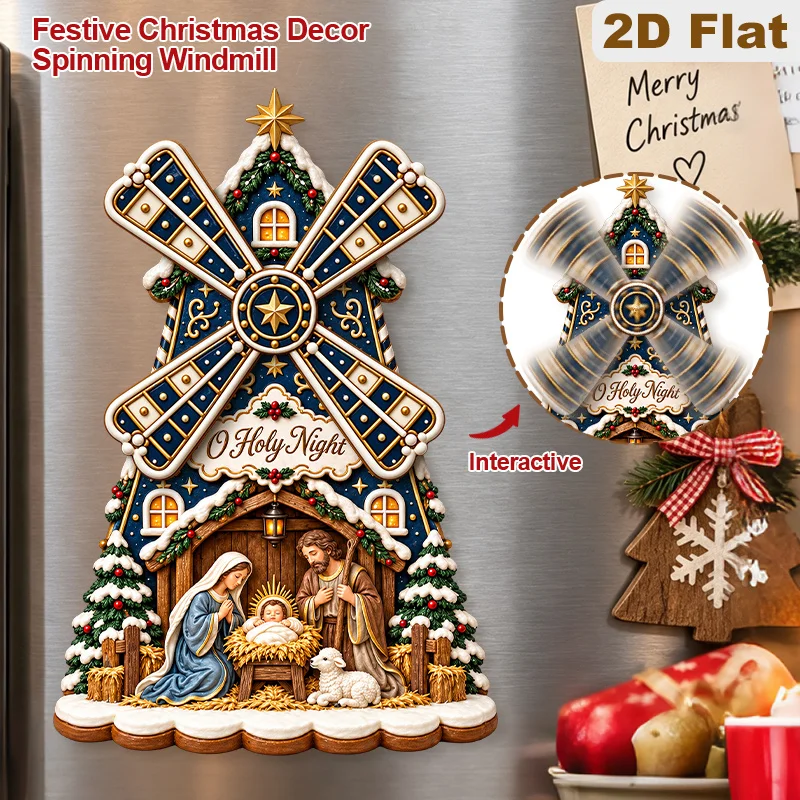 2D Flat, 1pc Rotating Windmill Nativity Scene Gingerbread House Fridge Magnet, O Holy Night Birth of Jesus Pattern Refrigerator
