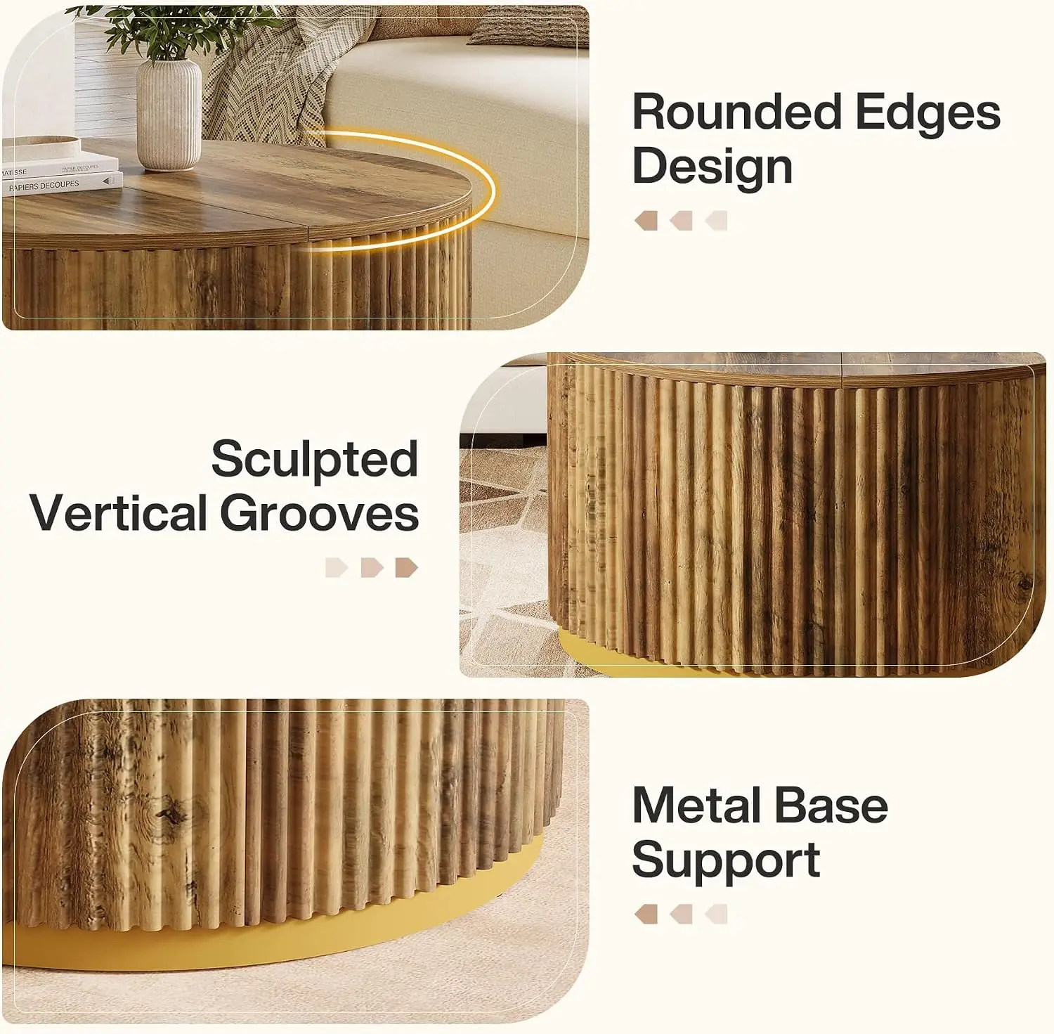 31.5 Inch Round Coffee Table, Fluted Wood Center Table with Stable Drum Base, Rustic Brown Accent Table for Living Room Small Apartment Office Decor view 6