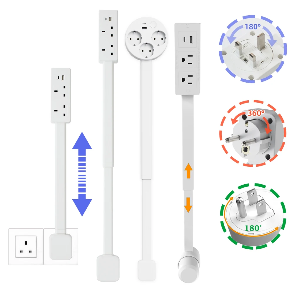 Electrical Wall Plug 180°/360°Rotates Electrical Outlet Extender Adjustable Length EU/US/UK Power Outlets Power Socket Extender