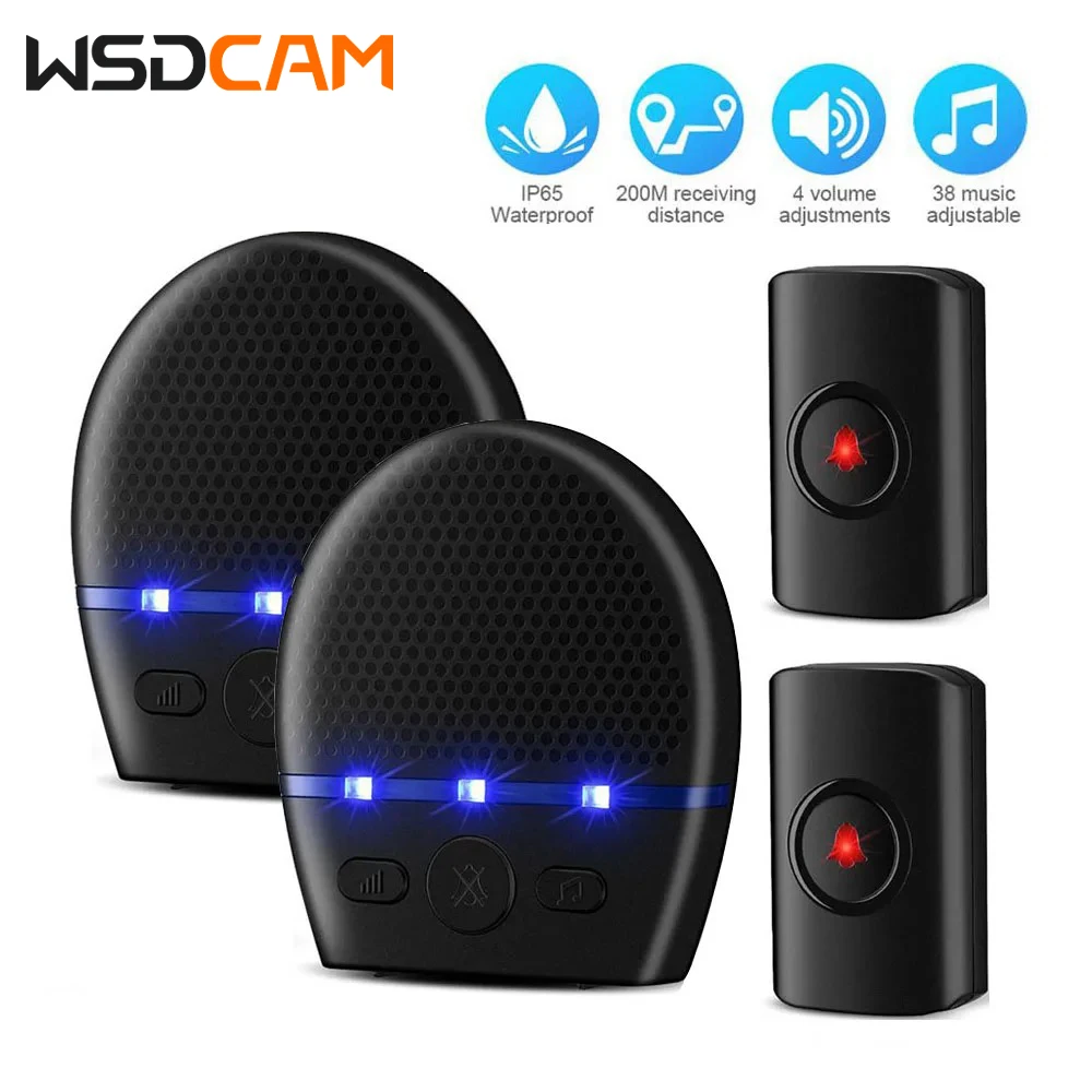 Wsdcam campainha sem fio à prova d\'água 300m remoto ao ar livre campainha da porta sem fio carrilhão led flash segurança alarme de casa campainha de