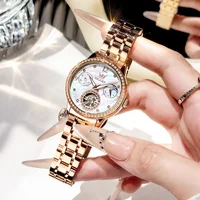 Montres mécaniques pour femmes de la marque OLEVS, montres squelette de luxe avec tourbillon, lunette sertie de diamants, phase lunaire, montres automatiques pour femmes 5