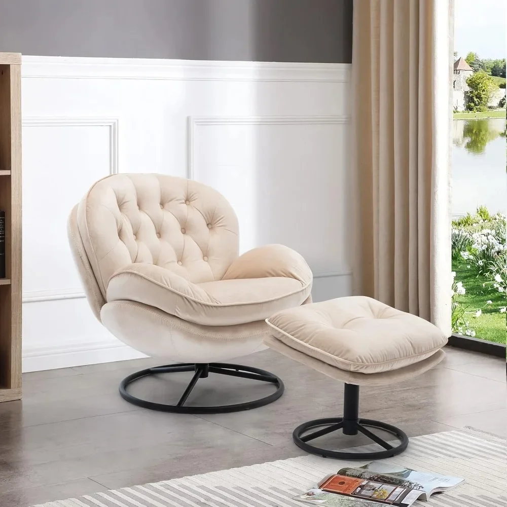 Silla decorativa giratoria de terciopelo con juego otomano, sillón cómodo con giro de 360 grados para sala de estar, dormitorio, sala de lectura