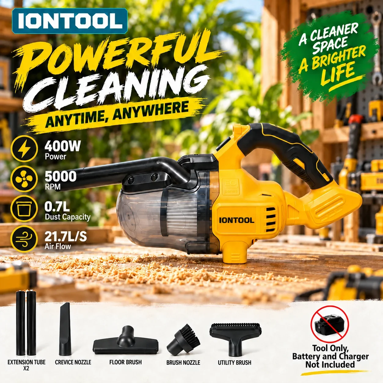 IONTOOL Yellow Cordless Vacuum 400W For Car Seat Pet Hair Pickup and Sofa Crevice Debris Extraction and Mattress Dust Removal