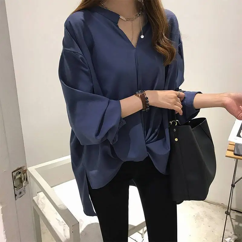 Women Korean Simple Style Irregular Oversized Streetwear Blouse Trendy V Neck Long Sleeve Solid Casual Shirts Blusas Para Mujer