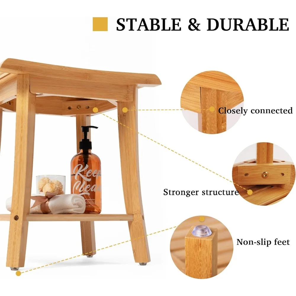 Taburete de ducha interior de bambú con estante de almacenamiento, silla de baño de Spa, asiento o organizador para sala de estar