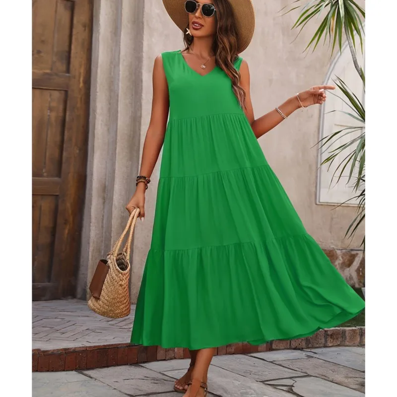 Solid Color Sleeveless Women's Long Dress Elegant Holiday V-neck Pullover Layered Patchwork Hem Loose Cake Dress New Style 2025