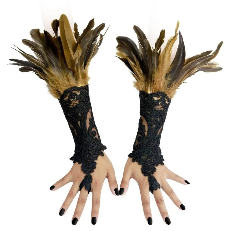 49MD Halloween Punk Lace Gloves Ring Women Heavy Duty Embroidery Gloves for Wedding
