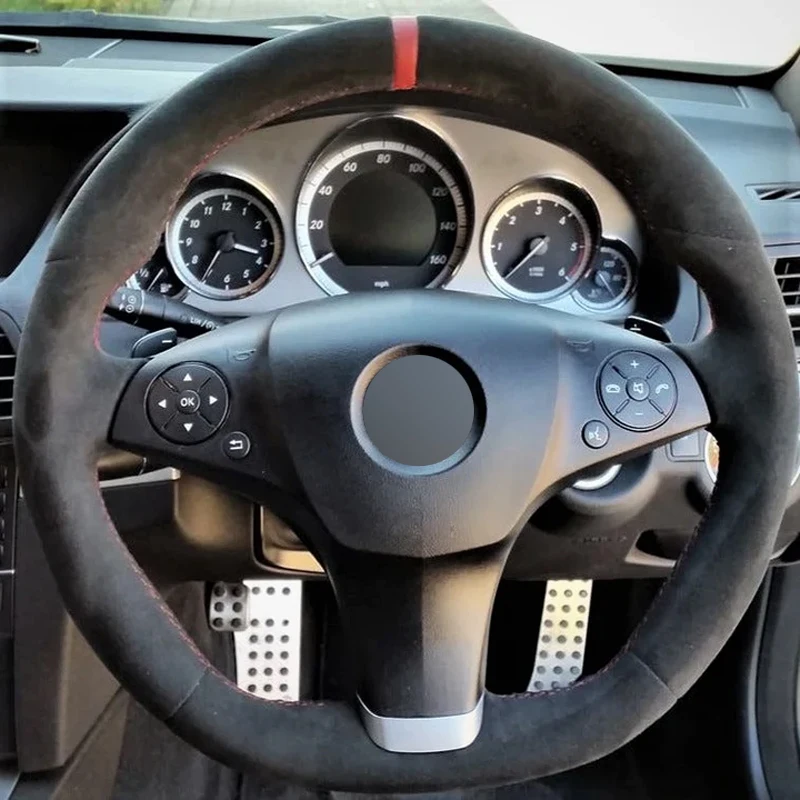 Alcantara Steering Wheel Cover Real Leather Red Thread Red Stripe Car Accessoires for Mercedes-Benz C63 W204 CLS 63 C219 SL 63