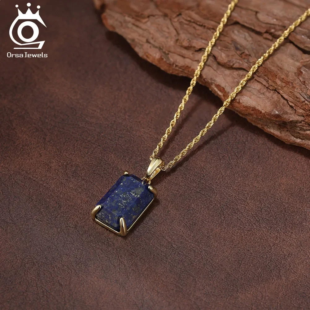 

ORSA JEWELS Vintage Square Lapis Lazuli Pendant Necklace For Men with 925 Sterling Silver Rope Chain Jewelry Unisex NMN15