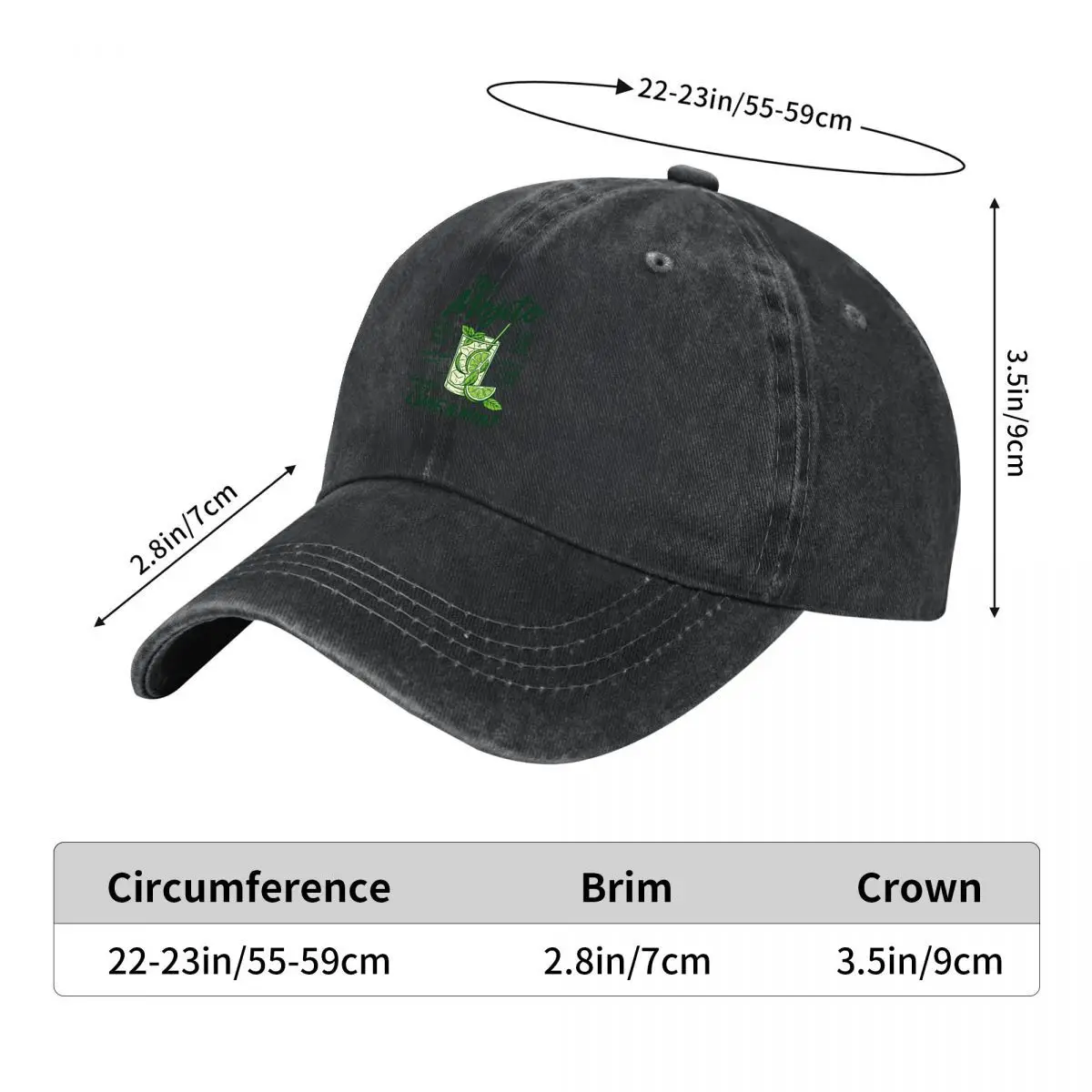 The Mojito Lime Mint 2 Oz White Rum 1 Oz Lime Juice New Vintage Washed Cotton Baseball Cap Sun Hats