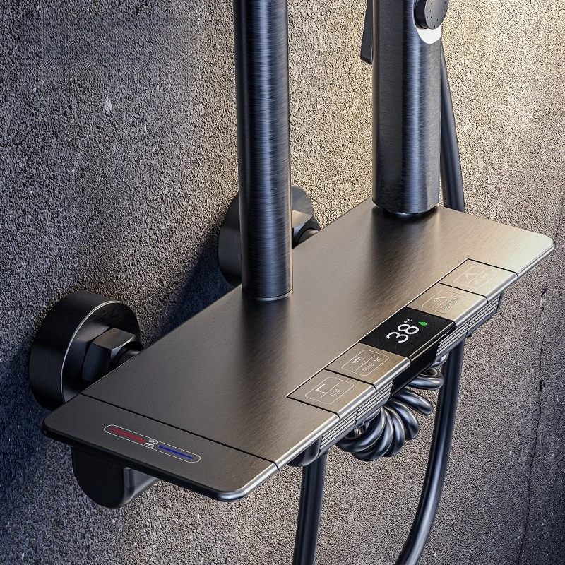 

Brass Thermostatic Shower System Piano Key Digital Temperature Display High Pressure Rain Shower Head Handheld Bathroom Silver