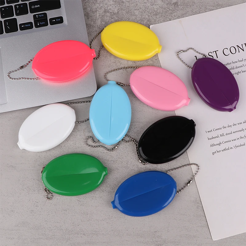 Small Oval Coin Purse Mini Earrings Rings Storage Box With Chain Solid Color PVC Fashion Portable Bag Pendant
