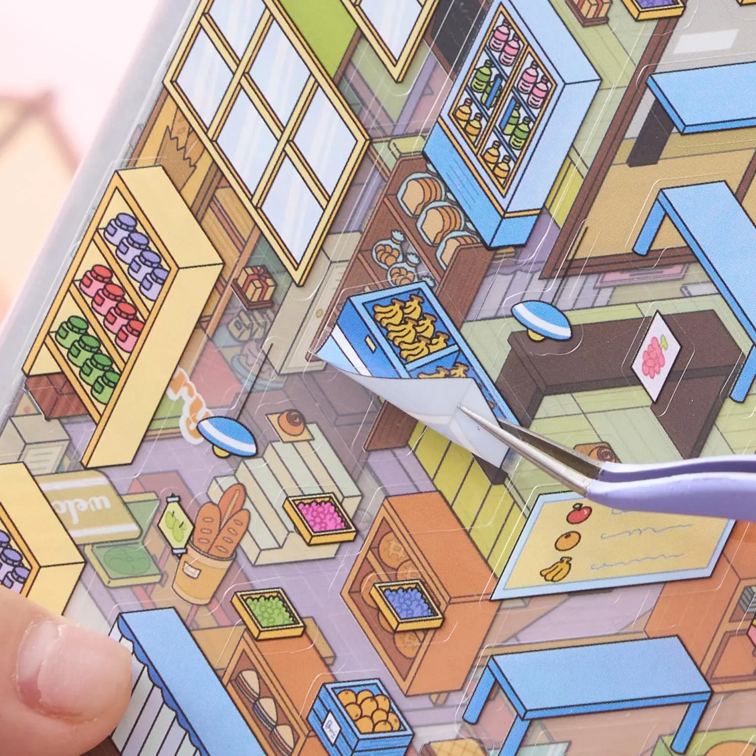 JCAC 49pcs/bag Kawaii Miniature Scene Sticker Book with Tweezers, Sunny Town Series, Journal Collage, Stress Relief Pastime