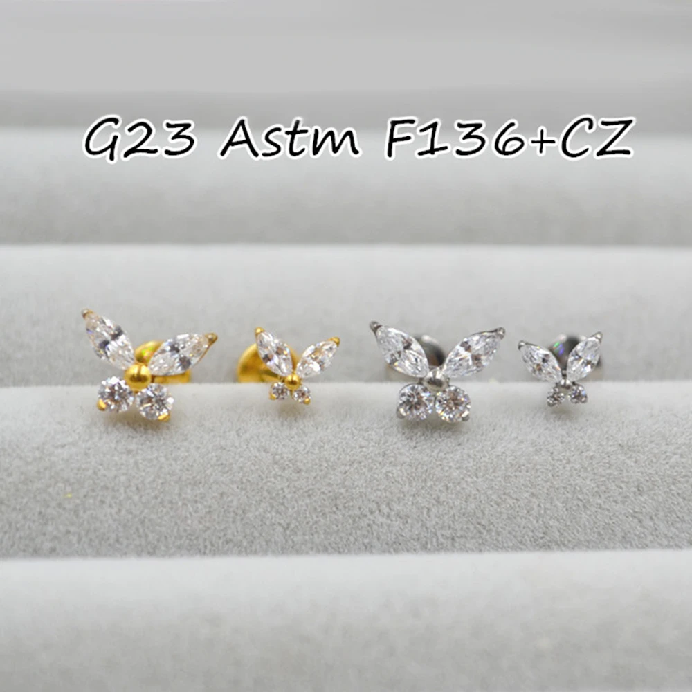 ASTM F136 Titan Butterfly Tiny Trinity CZ Labret Stud 16G Dreifach-CZ-Blumen-Knorpel-Ohrstecker Nasen-Medusa-Ohrlochpiercing – Detail 4