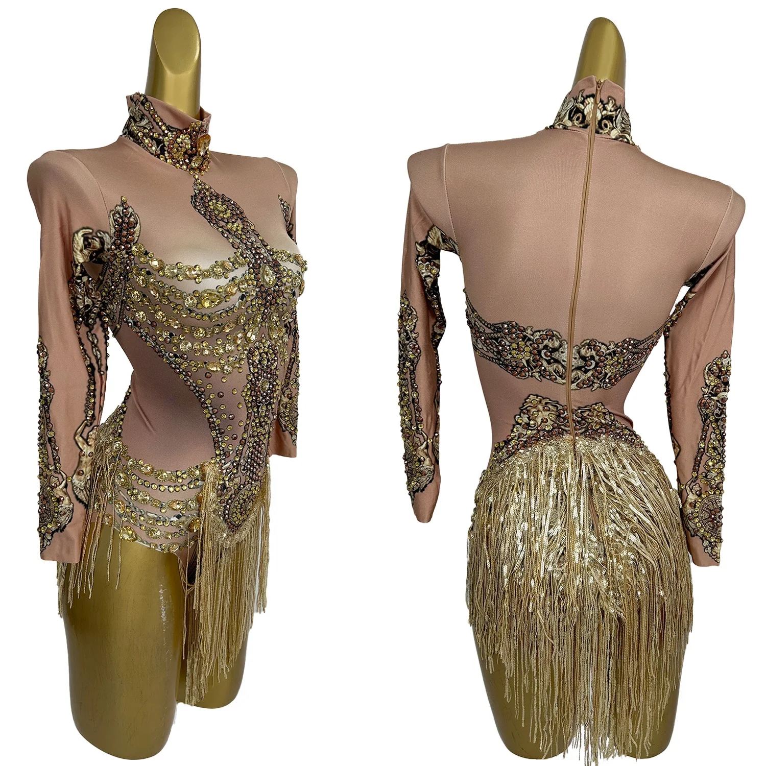 

Sparkly Rhinestone Spandex Elastic Tassel Bodysuit Women Night Club Bar Stage Show Fancy Bodysuit Evening Party Outfit Jinbiao