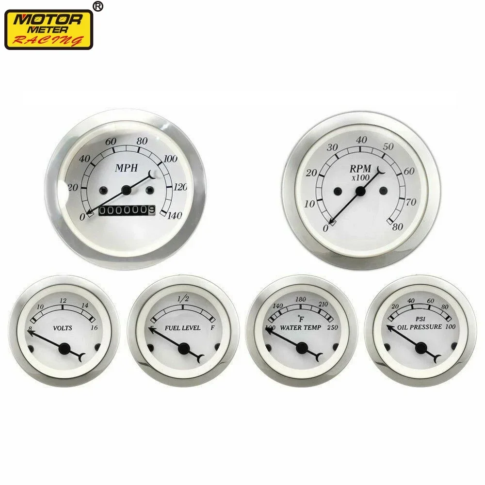 52mm White Face Black Pointer Car Fuel Oil Pressure Volt Water Temperature Gauge 85mm Tachometer Speedometer 6 In 1 KMH C BAR
