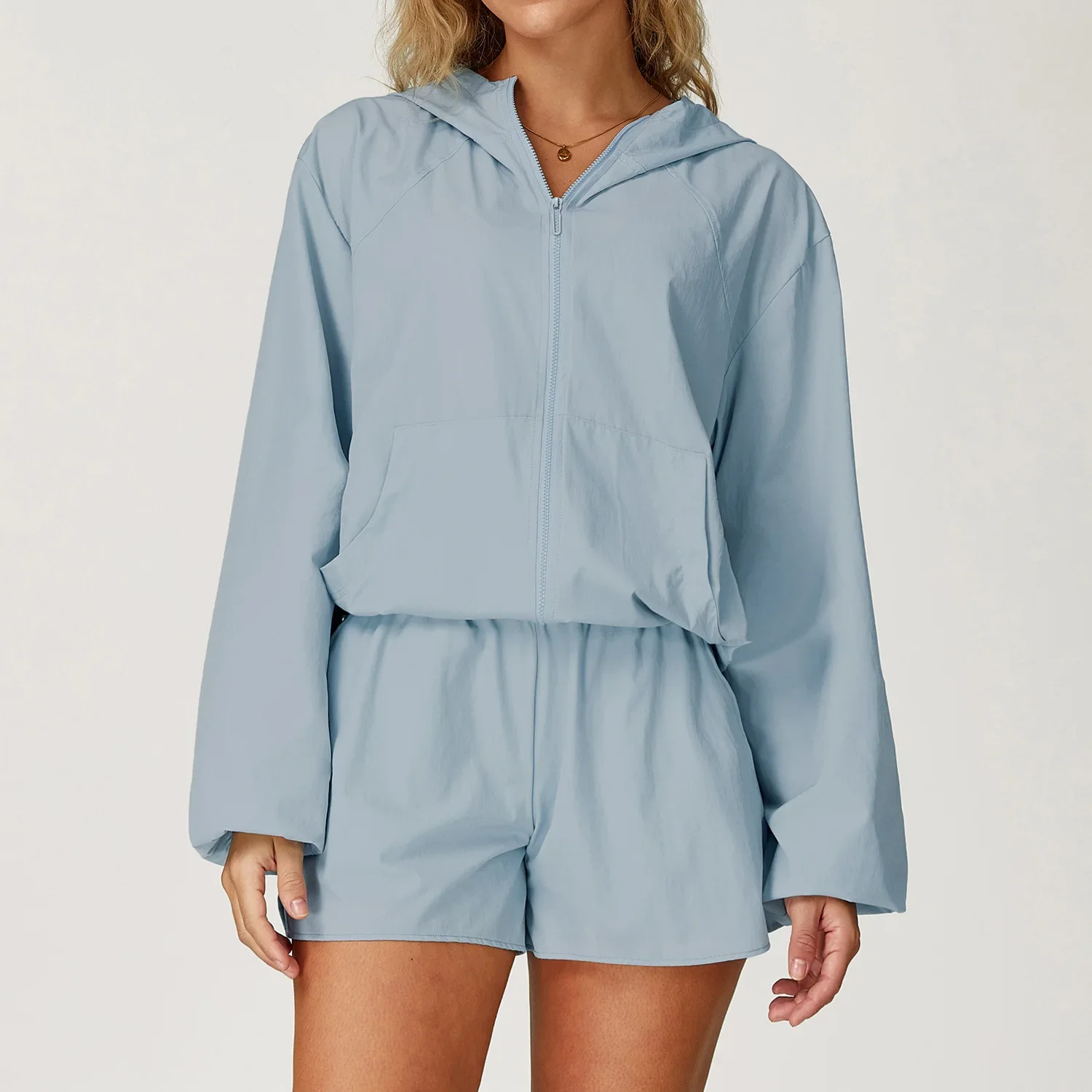 

Outdoor Sports Women Long Sleeved Yoga Breathable hooded zipper UV resistant sunscreen jacket Top Clothes Quick Dry Zipper Jacke