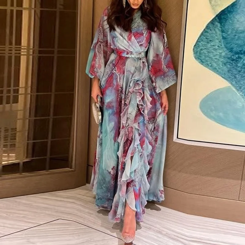 Casual Loose Tie-dye Print Beach Dress Fashion Lantern Sleeve Women Chiffon Boho Long Dress Sexy V Neck Ruffle Maxi Party Dress