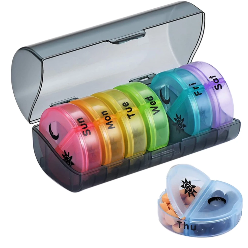 Daily Pill Organizer (Twice-a-Day) - Weekly AM/PM Pill Box Round Medicine Organizer 7 Day Pill Container (Gray Box)