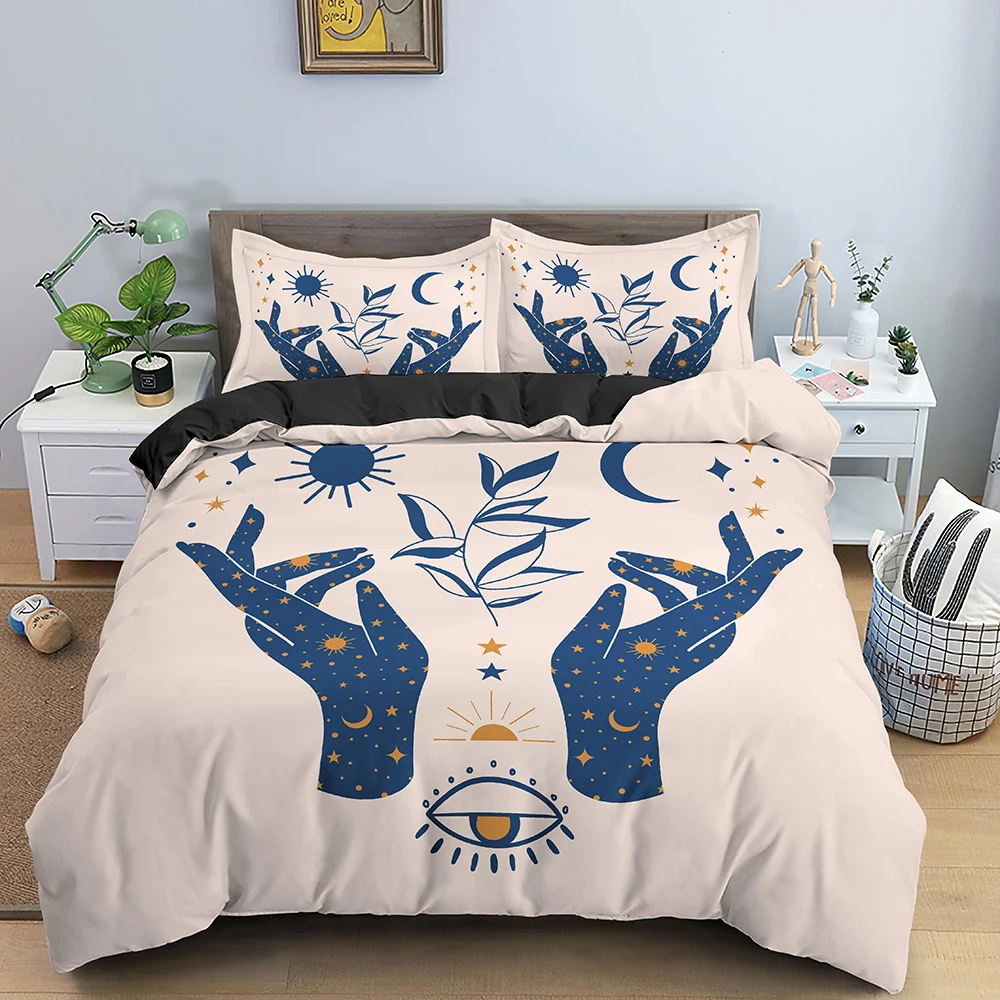 Sun Moon Bedding Set Mystical Lucky Hand Duvet Cover Full King Hamsa Eye Divination Seedlings Khaki 2/3PCS Polyester Quilt Cover