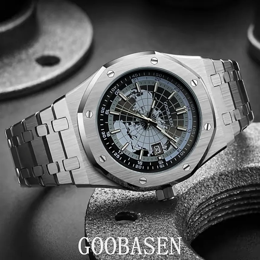 GOOBASEN montres pour hommes en acier fin planète bleue montre-bracelet à Quartz originale pour homme Imitation mouvement mécanique étanche Date