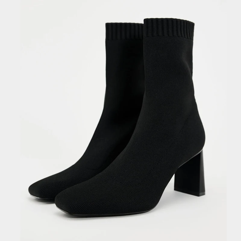 

Black High Elastic Knitted Fabric Square Head Chunky Heel Short Boots High Heel Sock Boots Women's Shoes ZA2024 Autumn New Ar...