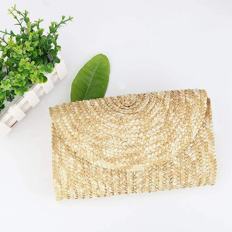 10X Straw Clutch Purses For Women Summer Beach Handbags, Wedding Envelope Wallet Color: Brown